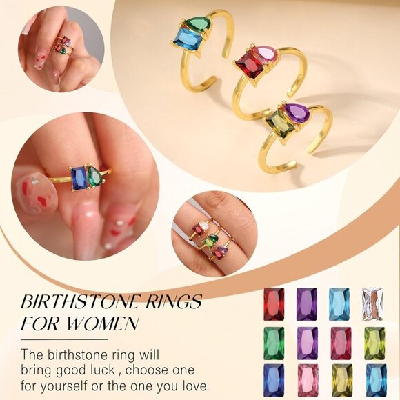 Birthstone Rings for Women Non Tarnish Gold Rings Birthday Gifts for Teen Girls - Picture 3 of 7